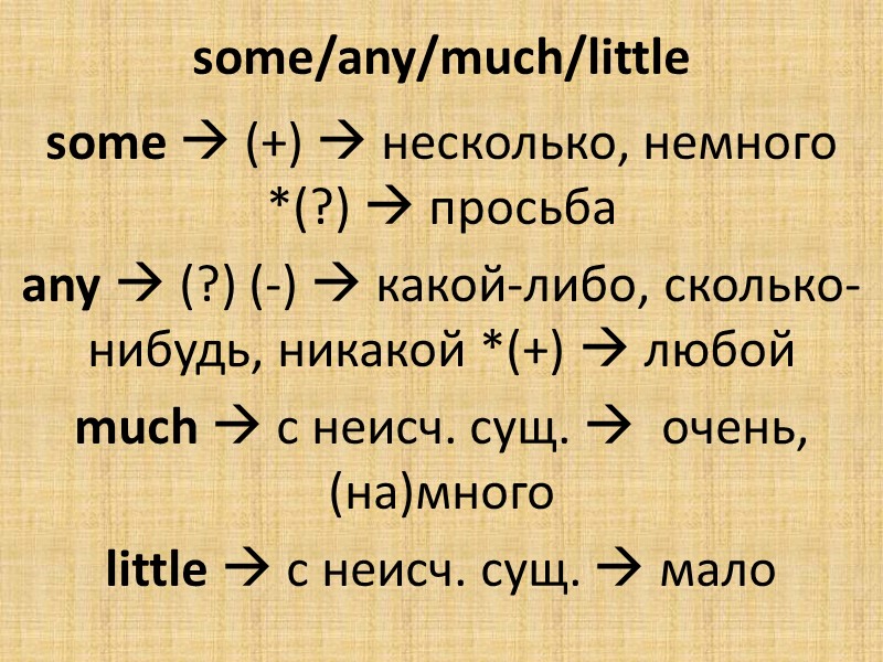 some/any/much/little some  (+)  несколько, немного *(?)  просьба  any  (?)
